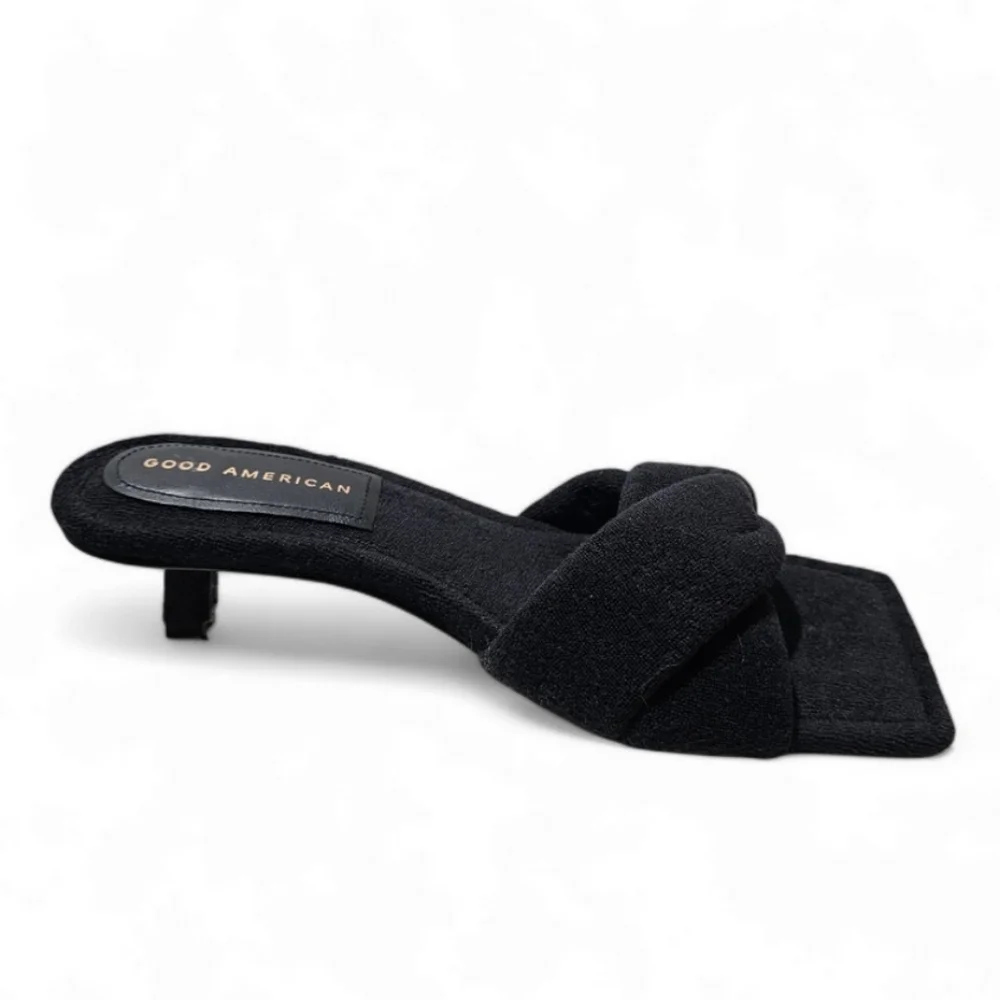 GOOD AMERICAN Terry Kickstand Low Heel Slide Black Sandals Womens 8.5 - Picture 3 of 4